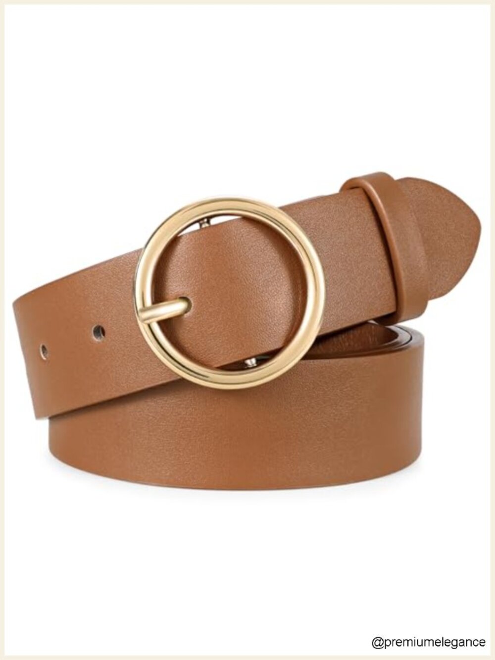 Vegan Leather Belt with Round Gold Buckle for Women - 1.3 Inch Waist Belt